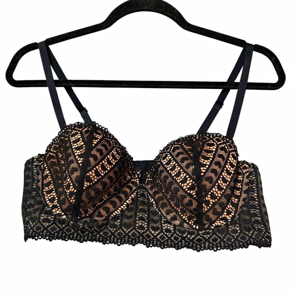 Adore Me 38C Black Lace Longline Balconette Underwire Bra Beige Lined